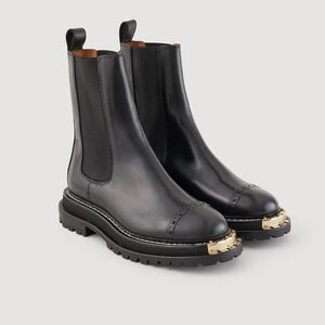 Sandro Black Leather Boots with Gold Accents